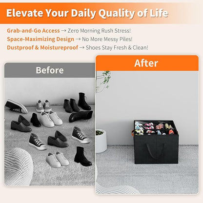 Aokeyee 2 Pack Shoe Organizer for Closet, Foldable Shoe Storage Organizer Box w/Clear Cover and 4 Reinforced Handles, Space Saving Shoes Bin Fits up to 32 Pairs, Black