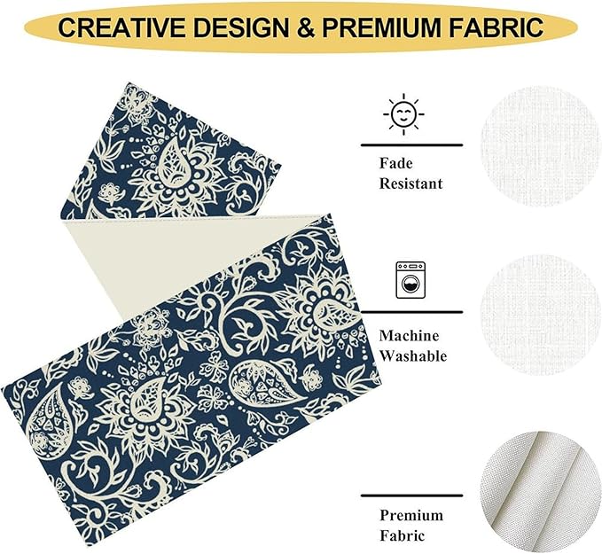 Blue Paisley Table Runner, Vintage Damask Antique Floral Flower Boho Damask Swirled Rustic Coffee Table Center Decor for Family Kitchen and Living Room Outdoor Table Decorations, 13"x108"