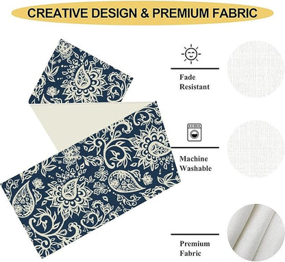 Blue Paisley Table Runner, Vintage Damask Antique Floral Flower Boho Damask Swirled Rustic Coffee Table Center Decor for Family Kitchen and Living Room Outdoor Table Decorations, 13"x108"