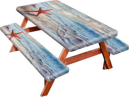Park Picnic Table Cover with Bench Covers Lightweight Camping Essentials, Oil-Proof Waterproof 3PCS Tablecloth with Elastic, Fitted for Table 6FT Rectangle and Seats, Board Beach (72x30in)