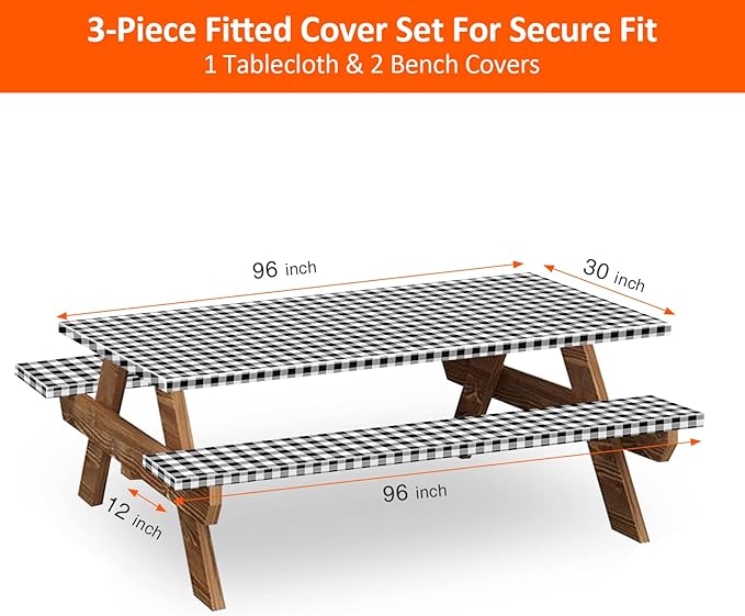 8ft Picnic Table and Bench Cover, Camping Essentials RV Gear, 96 in Waterproof Windproof Outdoor Elastic All Around Tablecloth, Fitted Rectangle Tables and Seats, Black-White Checkered