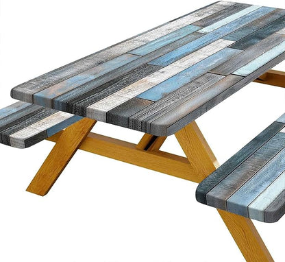 JAWO Picnic Table Cover with Bench Covers Rustic Wood Farmhouse Waterproof Windproof Fitted Outdoor Patio Camping Rectangle Tablecloth Washable 72x30 Inch Elastic Edges Blue Grey