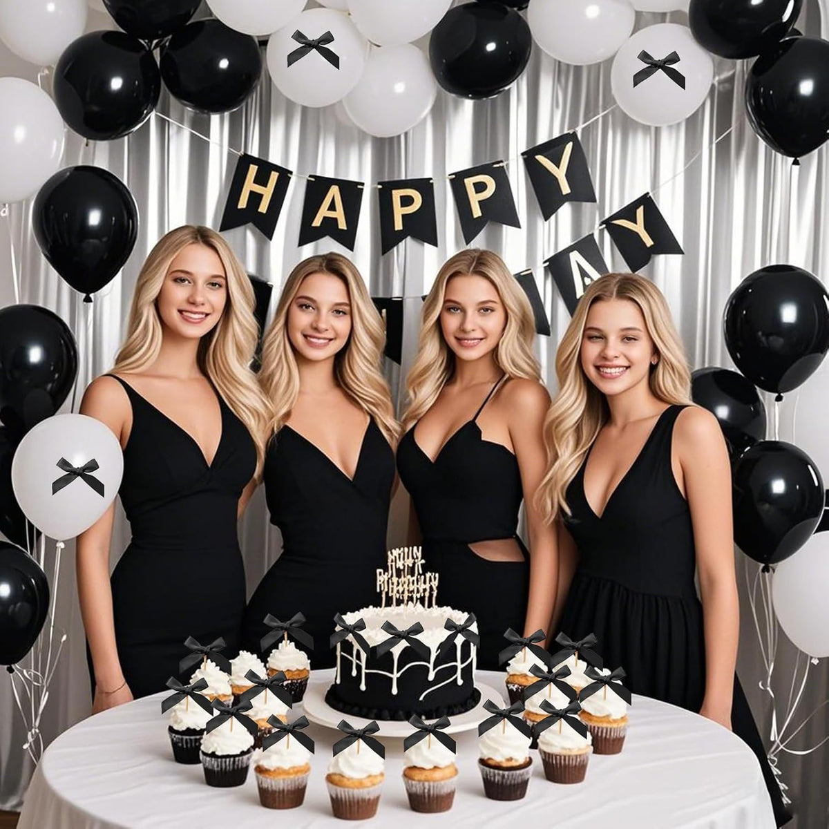 24Pcs Bow Cupcake Toppers - Black Bow Cake Topper Birthday Decorations, Bowknot Cupcake Picks for Coquette Bow Theme Party Decoration Bachelorette