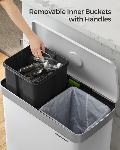 SONGMICS Kitchen Trash Can, 16 Gallon (2 x 8 Gallon) Dual Compartment Garbage Can, 60L Pedal Recycling Bin, Stays Open and Soft Close, Stainless Steel, 15 Bags Included, Cloud White ULTB202W01