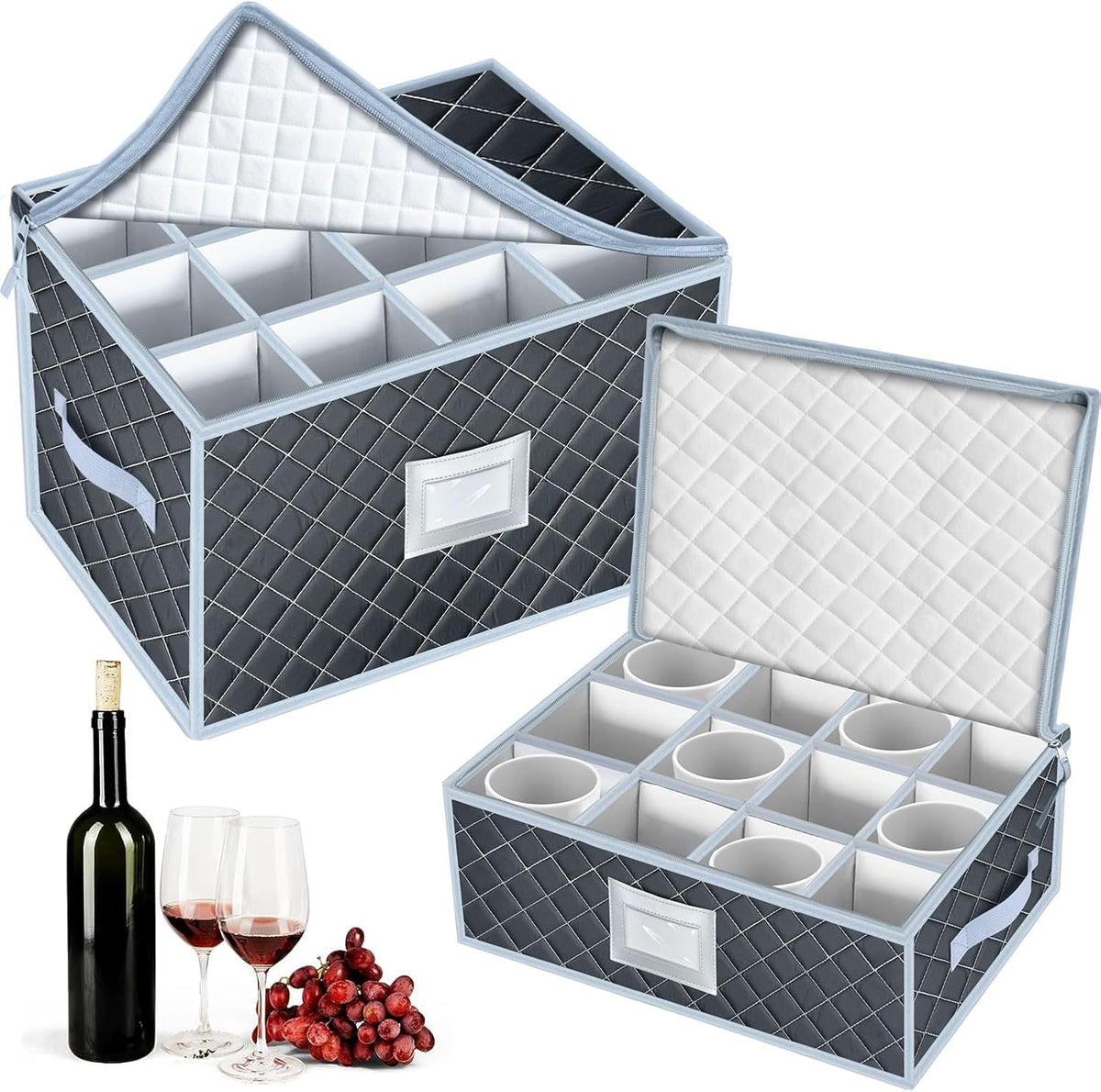 Wine Glass and Mug Storage Box with Dividers - 2 Pack China Storage Containers Set Holds 24 Glassware , Stemware，Coffee Mug and Tea Cup, Organizer Bin with Sturdy Metal Zipper,Label and Handles (Grey)
