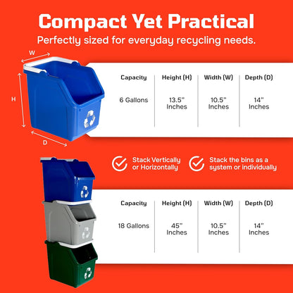 Multi Bin Recycling System with Three Stackable 6 Gallon Recycle Bins to Build Your Recycling Center for Offices, Kitchen, Garages, Businesses (3 Pack, Blue/Grey/Green)