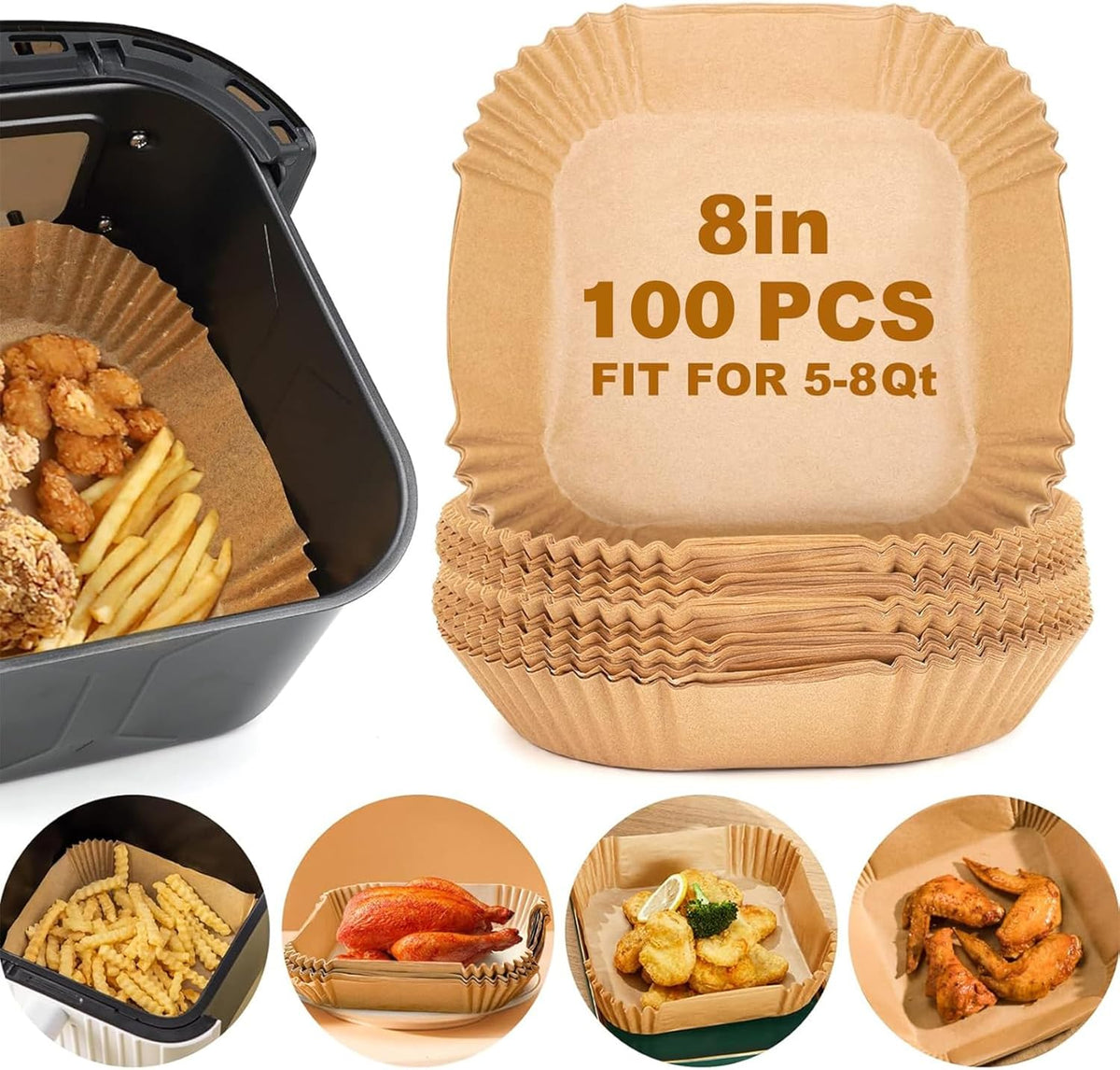 Air Fryer Paper Liners, 100PCS Square Parchment Paper, Air Fryer Disposable Paper Liner, 8 Inch Non-Stick & Oil-proof Air Fryer Liners for 5-8 QT Air Fryers, Microwave