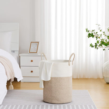 VIPOSCO Large Laundry Hamper, Tall Woven Rope Storage Basket for Blanket, Toys, Dirty Clothes in Living Room, Bathroom, Bedroom - 58L White & Brown