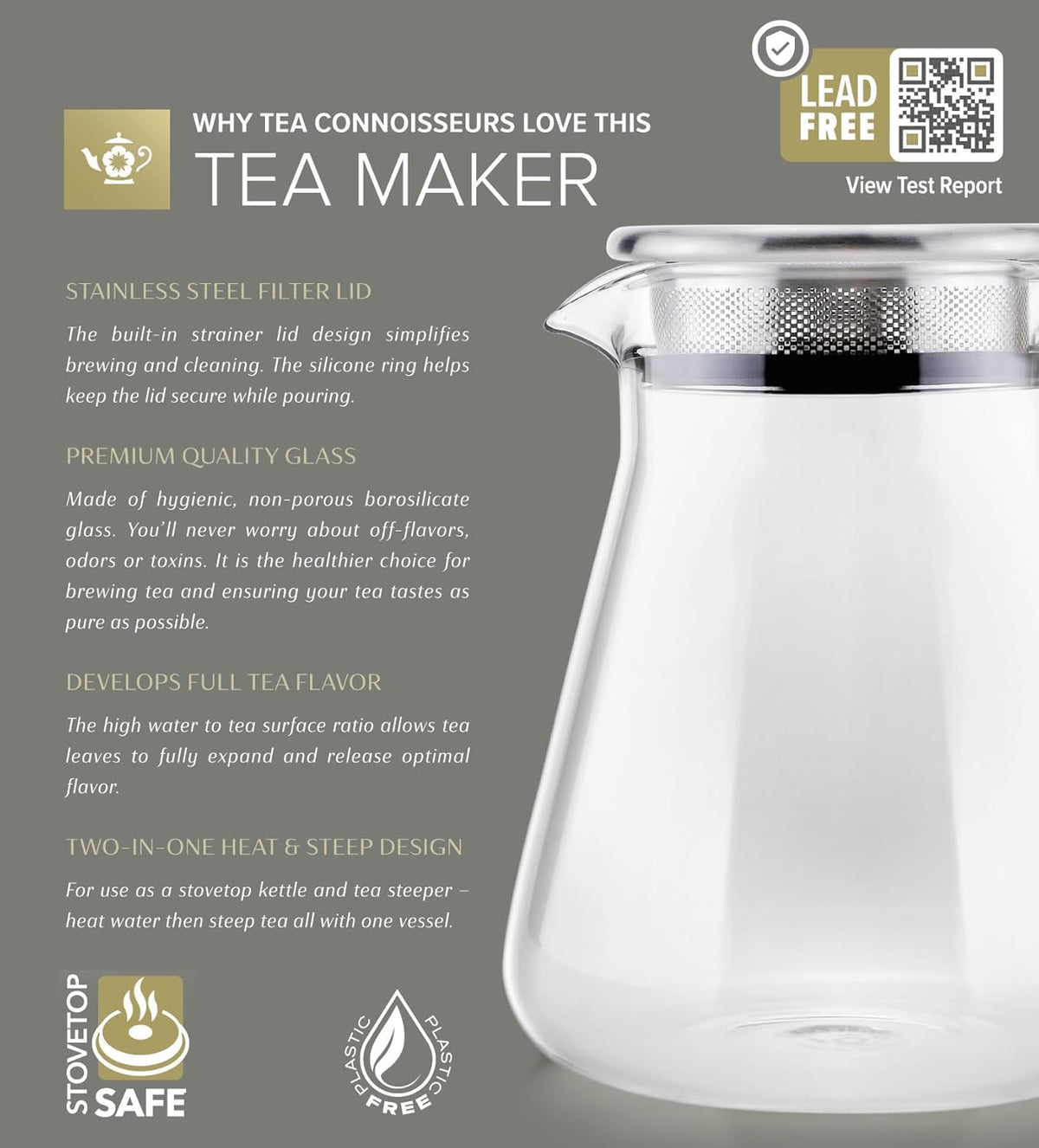 Teabloom One-Touch Tea Maker, 2-in-1 Teapot and Kettle with Stainless Steel Filter Lid for Loose Tea – Stain-free Borosilicate Glass Teapot (27 Oz)