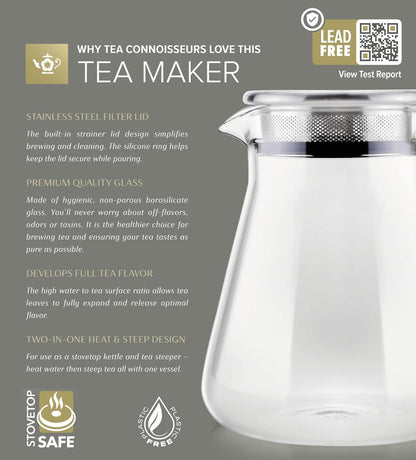 Teabloom One-Touch Tea Maker, 2-in-1 Teapot and Kettle with Stainless Steel Filter Lid for Loose Tea – Stain-free Borosilicate Glass Teapot (27 Oz)
