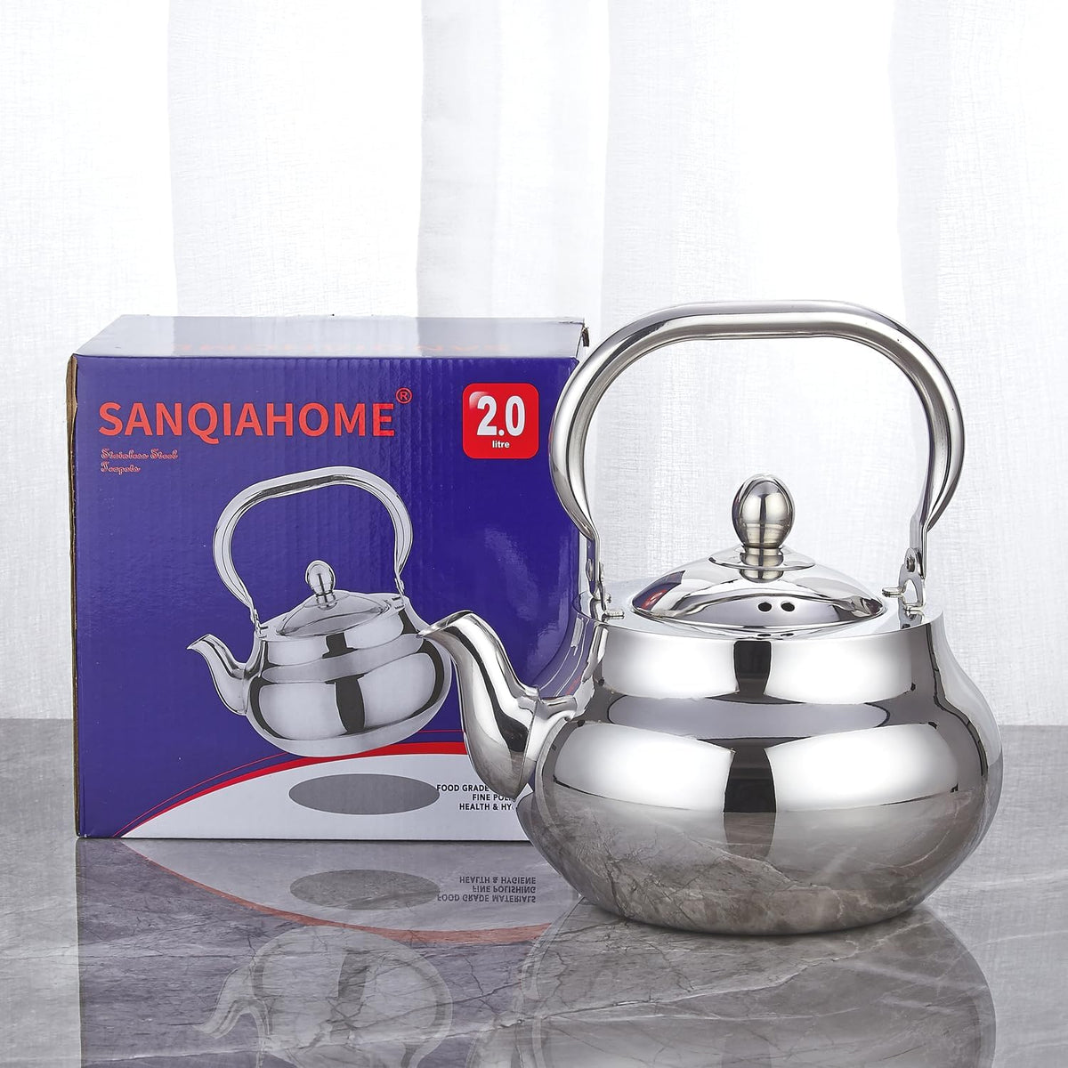 Sanqiahome Stainless Steel Teapot With Removeable Infuser 71 oz (2000ml) Thickened Mirror Polished Stovetop Tea Maker for Herbal and Infusion