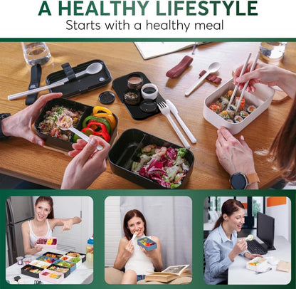 Umami Bento Box Adult All-In-1 w/4 Utensils, 2 Sauce Jars, 2 Dividers, 100% Leakproof, Microwave & Dishwasher Safe, Stackable Lunch Containers for Men/Women, Matte Black & Marble, 68 oz