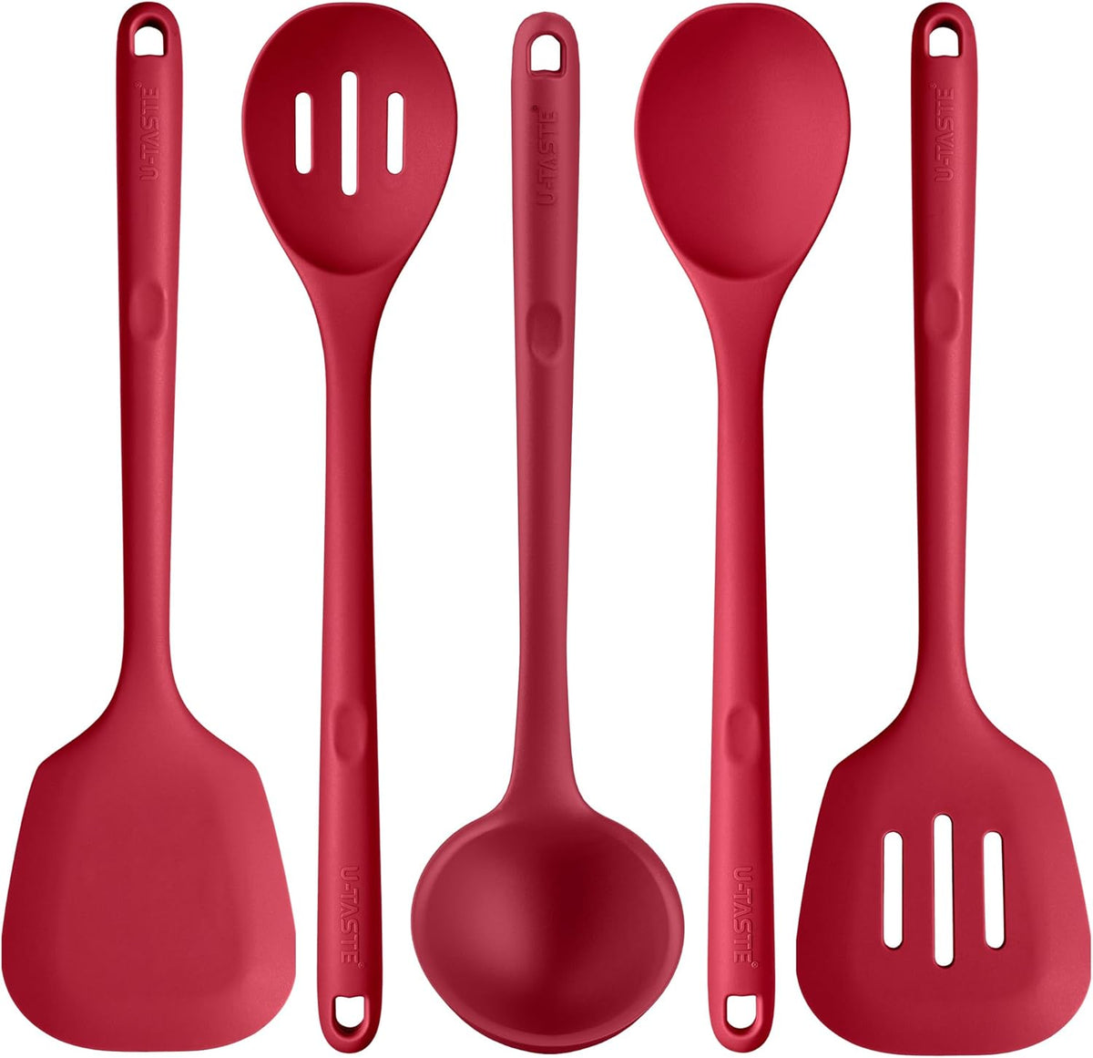 Silicone Kitchen Cooking Utensil Set: U-Taste High Heat Resistant 13.6in Long Kitchen Gadgets, BPA Free Non Stick Rubber Cook Accessories For Stir Frying, Serving, Basting, Mixing (5 Pieces, Red)