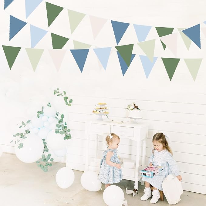 32Ft Blue Green Party Decorations Retro Blue Green Fabric Triangle Banner Flag Banner Pennant Garland Streamers for Graduation Hole in One Wedding Birthday Baby Shower Masters Golf Party Decoration