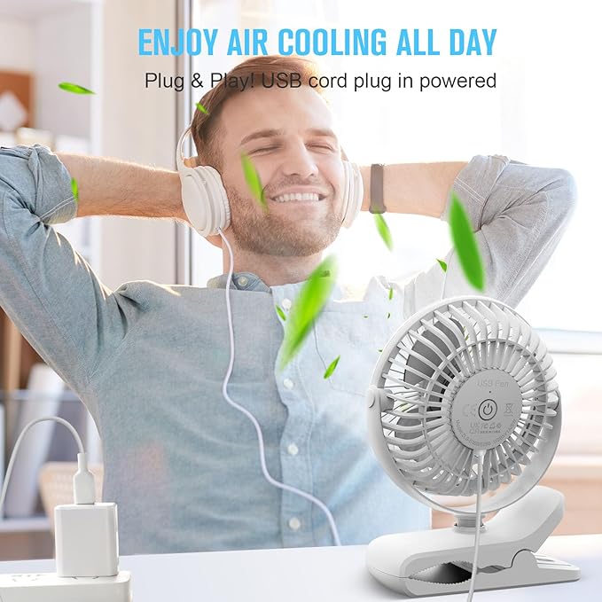 BESKAR Clip on Fan, 360° Rotation Quiet Stroller Fans with Strong Airflow,3 Speeds, Portable Small Fans with Sturdy Clamp,Perfect Personal Cooling Fan for Office Table Bedroom Kitchen
