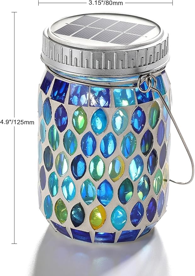 Cooo Mosaic Lanterns Outdoor Waterproof with 215% Larger Solar Panel, Never Rust Lids, True Capacity Battery- Solar Mason Mosaics Jar Lantern for Patio Garden Yard Balcony Hanging or Table (6)