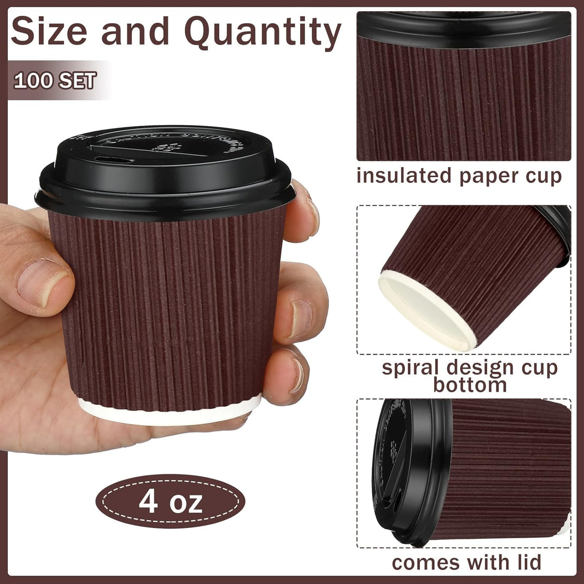 Uiifan 100 Set 4oz Disposable Espresso Cups with Lids Ripple Corrugated Paper Disposable Coffee Insulated Hot Ripple Cups for hot Chocolate, Tea