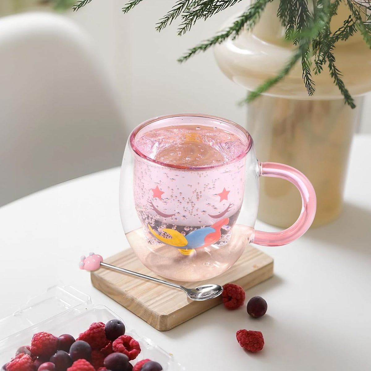 ecooe Cute Unicorn Mug Double Walled Glass Mug 9.4oz Coffee Cup Cappuccino Latte Glass Milk Tea Cup with Handle Spoon