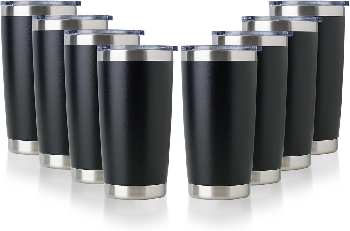 Domicare 20oz Stainless Steel Tumbler Bulk with Lid, Double Wall Vacuum Insulated Travel Mug, Powder Coated Coffee Cup, Powder Black, 8 Pack