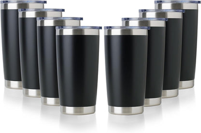 Domicare 20oz Stainless Steel Tumbler Bulk with Lid, Double Wall Vacuum Insulated Travel Mug, Powder Coated Coffee Cup, Powder Black, 8 Pack