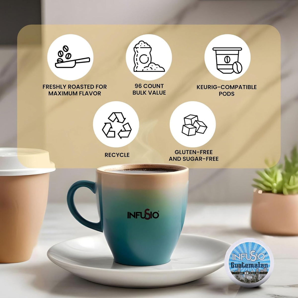 InfuSio Coffee Pods 96 Count Guatemalan Medium Light Roast Single serve Coffee pods for Keurig K Cup® Brewers
