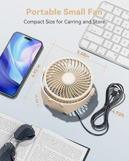 Edvision USB Desk Fan, 5 Inch Mini Portable, 3 Speeds Strong Airflow Personal Desktop, Detachable Cooling Fan 360° Rotation Quiet Small Fan for Desk Home Office Travel Car, Beige, 5ft Cable