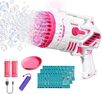 Bubble Gun for Kids, 69-Hole Bubble Machine with LED Lights, 69 Hole Bubble Blaster Blower, for Ages 3+, Summer, Birthday, Party Wedding Outdoor (Pink)