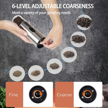 Electric Salt and Pepper Grinder Set, Rechargeable Salt and Pepper Shakers Refillable, Automatic Pepper Mill with Adjustable Coarseness, One Hand Operation with LED light, Stainless Steel