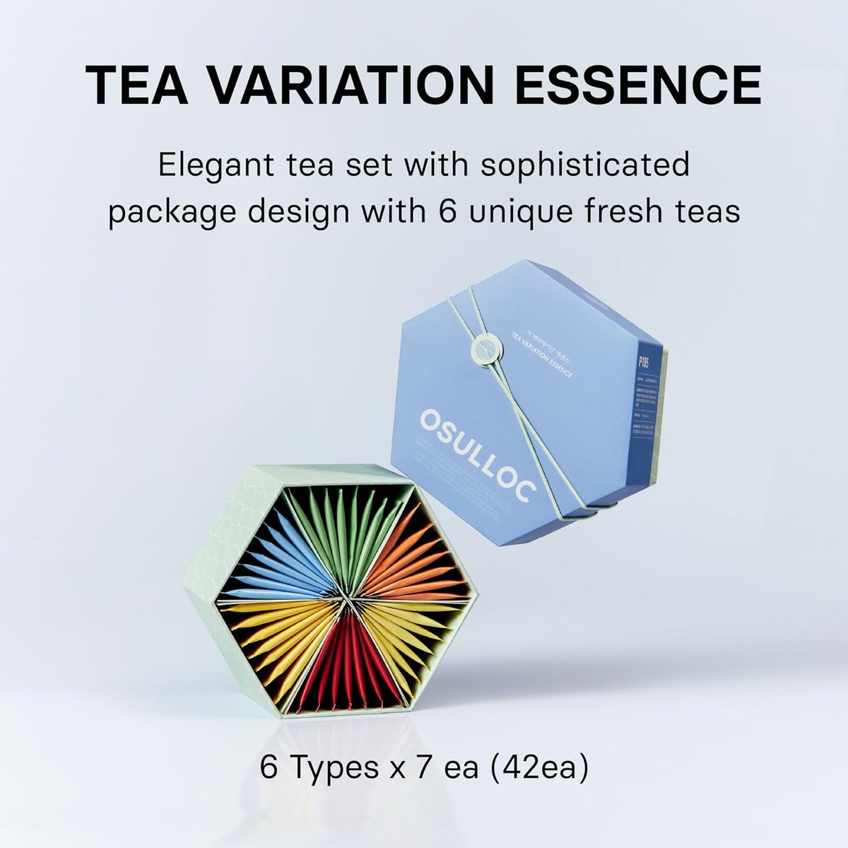OSULLOC TEA VARIATION ESSENCE (42 Count, 6 Types x 7 ea), Assorted Tea bag Sampler, Exceptional Designed Variety Tea gift Set, Premium Tea sets from Jeju Island tea farm