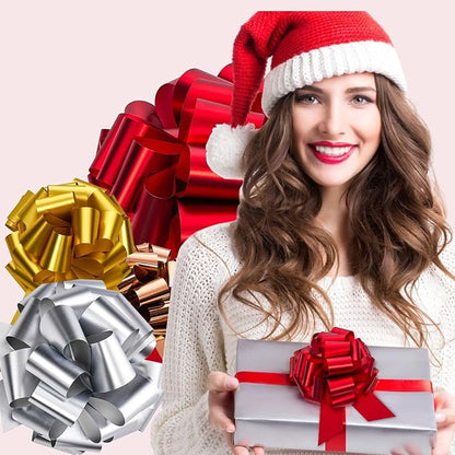 UNIQOOO Assorted Gift Wrap Pull Bow Set of 48, Medium 4'' Large 6'', Bulk for Gift Wrapping Basket Box Bag Décor, Valentines Day Wedding Birthday Christmas Anniversary, Metallic Rose Gold Red Sliver