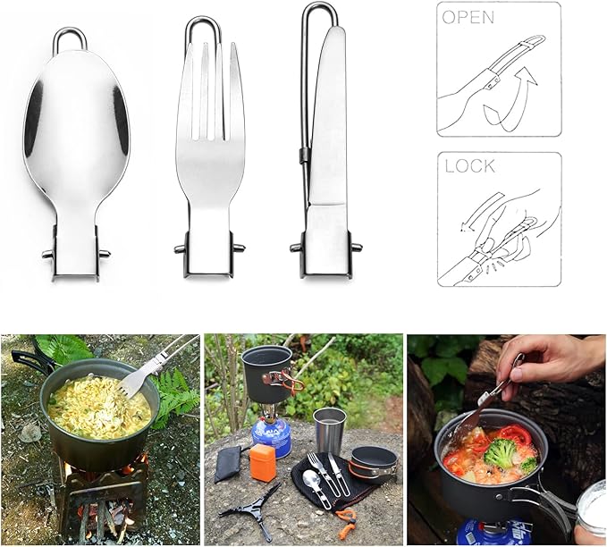 Odoland Camping Cookware Stove Carabiner Canister Stand Tripod and Stainless Steel Cup, Tank Bracket, Fork Spoon Kit for Backpacking, Outdoor Camping Hiking and Picnic