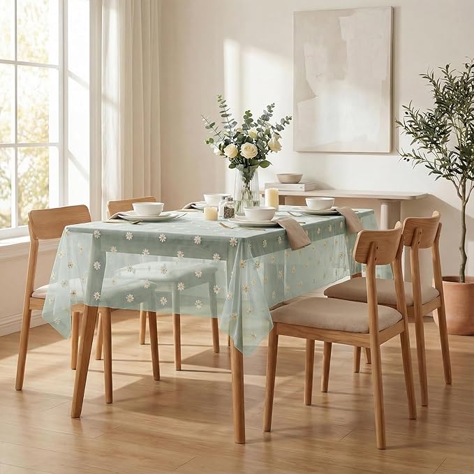 Horaldaily Green Embroidery Daisy Spring Summer Gauze Tablecloth 60×104 Inch Rectangular, Seasonal Tulle Table Cover, Garden Party Decorations for Wedding, Party, Holiday Dining