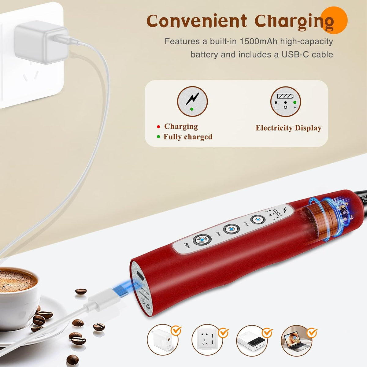 Milk Frother Handheld Rechargeable, Frother Wand Drink Mixer Electric Whisk for Coffee, Detachable With 3 Stainless Whisks, Hand Mixer for Lattes