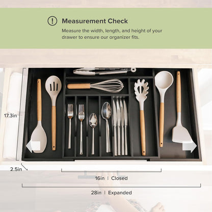 KitchenEdge Premium Silverware, Flatware and Utensil Organizer for Kitchen Drawers, Food-Safe Contract Grade, Expandable from 16 to 28 In, Black Bamboo