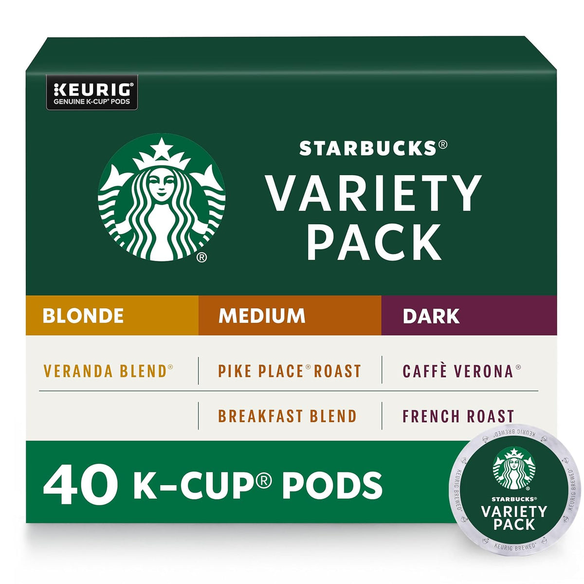 Starbucks K-Cup Coffee Pods—Starbucks Blonde, Medium & Dark Roast Coffee—Variety Pack for Keurig Brewers—100% Arabica—1 box (40 pods total)