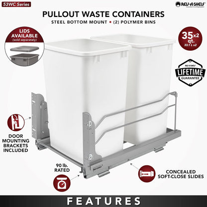 Rev-A-Shelf Double Pullout Trash Cans for Under Kitchen Cabinets 35 Quart 8.75 Gallon with Soft-Close Slides, Orion Gray, 53WC-1835SCDM-213