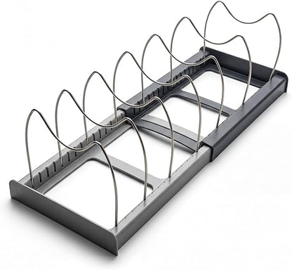 OMIO Expandable Pot Lid Organizer Rack for Under Cabinet, Adjustable 12"-22" Kitchen Storage with 7 Steel Dividers, Scratch-Resistant ABS Base for Pans, Cutting Boards, Bakeware, Grey