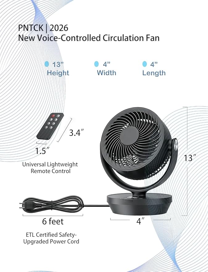 PNTCK Air Circulator Fan for Bedroom, Quiet Oscillating Table Fan with 4 Speeds, Remote Control, 90° Oscillation, 12H Timer