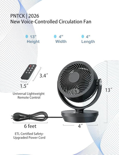 PNTCK Air Circulator Fan for Bedroom, Quiet Oscillating Table Fan with 4 Speeds, Remote Control, 90° Oscillation, 12H Timer