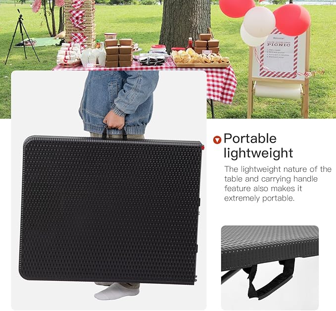 PayLessHere | 6FT Folding Table | Black Ratten | Portable Plastic Table with Carry Handle | Waterproof & Foldable Table Design | Steel Frame with Lock | for Events, Camping, Indoor & Outdoor Use