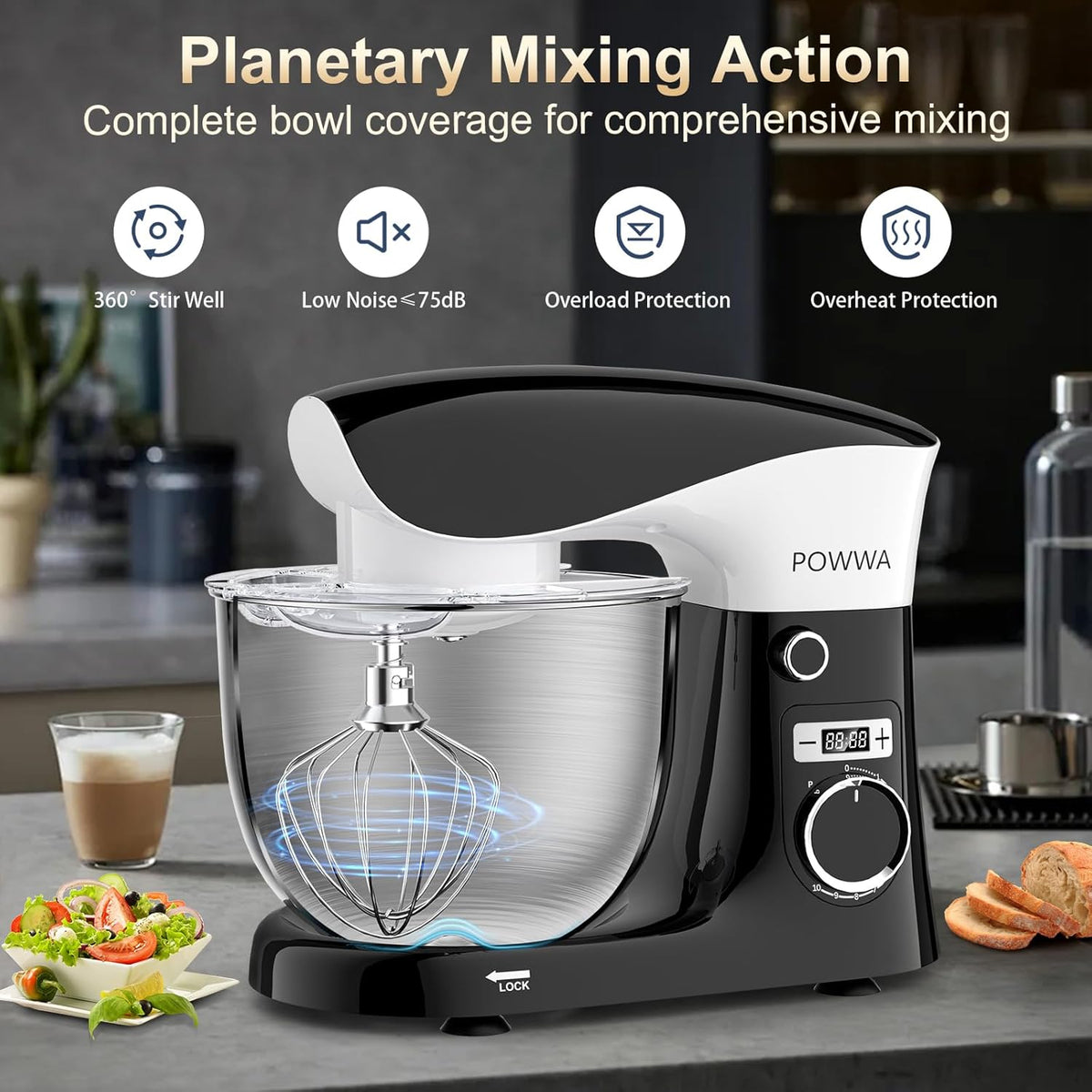 Stand Mixer, Powwa 6.5 QT 10 Speeds Tilt-Head Electric Stand Mixer, 3-In-1 Kitchen Mixer with Bowl, Dough Hook, Whisk and Beater