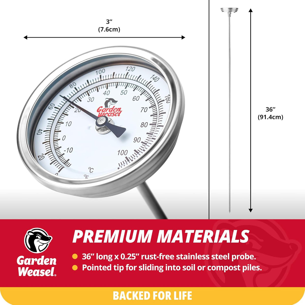 Garden Weasel Analog Soil & Composting Dial Thermometer - 36-Inch Probe, Measures 0 to 220 Degrees Fahrenheit, Soil Temperature, Worm Compost, 98001-A