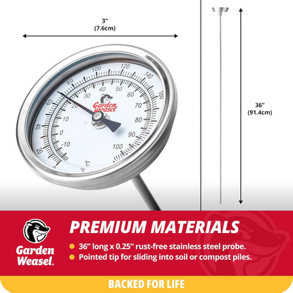 Garden Weasel Analog Soil & Composting Dial Thermometer - 36-Inch Probe, Measures 0 to 220 Degrees Fahrenheit, Soil Temperature, Worm Compost, 98001-A