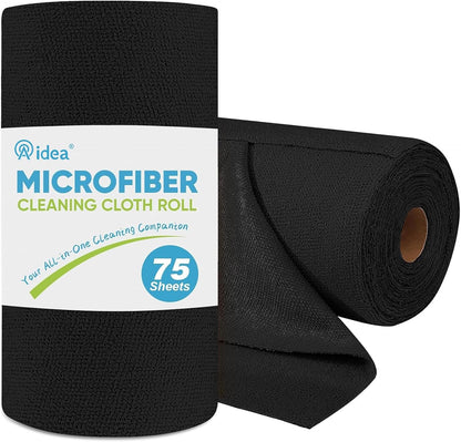 AIDEA Microfiber Cleaning Cloth Roll, 75PK, Black Microfiber Towels for Cars, Reusable Paper Towels Tear Away Cloth, Shop Rags, Lint Free Cleaning Rags for House, Kitchen, Window, 11.5"×11.5"