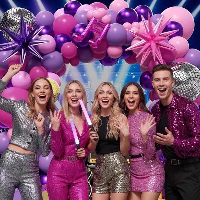 K-Pop Music themed Birthday Decorations 160Pcs, Hot Pink Metallic Purple Balloon Garland Arch Kit with Disco Notes Star Foil Balloons for Girls Fans Birthday Grad Prom Princess Party Decor