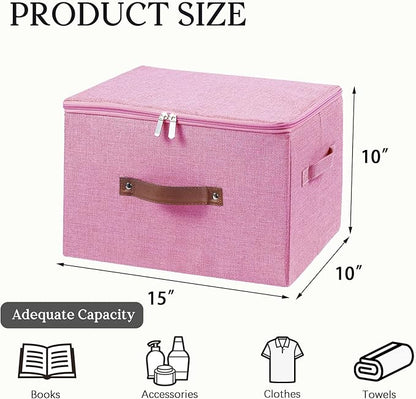 Storage Bins with Zipper Lid Foldable Fabric Lidded Storage Boxes Baskets Cubes Washable Collapsible PU Leather Handle Cotton Linen Shelves Closet Organizer Container(Pink, Large Size)