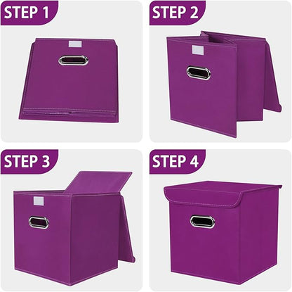 Closet Organizers Fabric Storage Bins With Lids Collapsible Cube Storages Organizer Basket With Handles,Storage Boxes for Clothes Storage,Office,Toys,3 Pack,（Purple