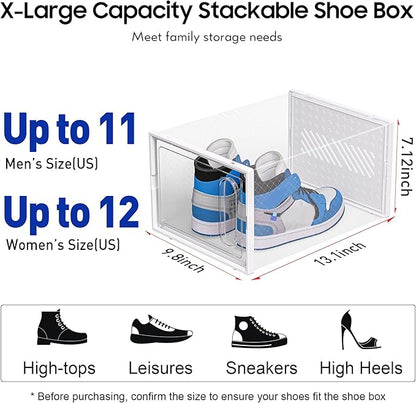eWonLife Large Shoe Organizer Storage Box with Magnetic Door,12 Pack Clear Plastic Stackable Sneaker Containers for Closet, Connect Left and Right Shoe Box for Entryway, Drop Front, Under Bed (White)