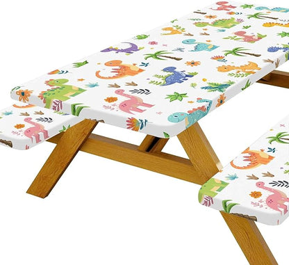 Funny Dinosaur Picnic Table Cover with Bench Covers and Bag, Camping Essentials, Animal Waterproof Windproof Fabric, Fitted Tablecloth Cover with Elastic Edge, for Indoor & Outdoor, 3 PCS, 30x60 Inch
