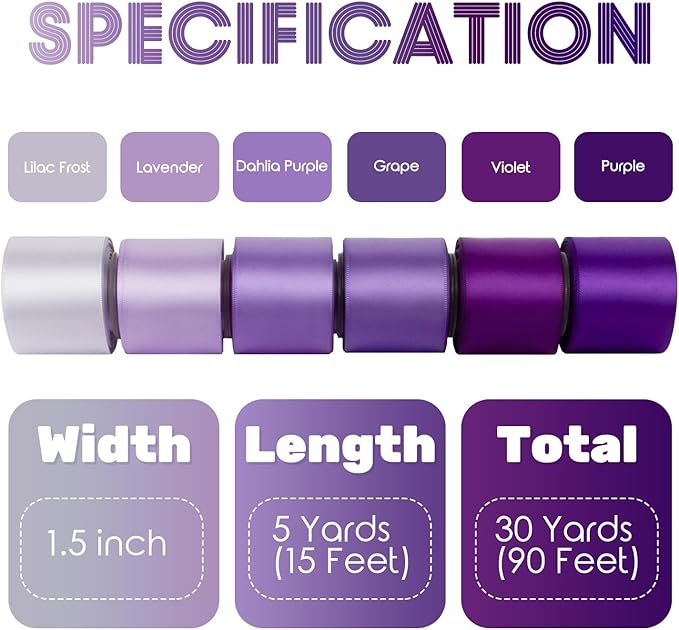 Purple Ribbon 1-1/2 Inch Lavender/Violet/Lilac Assorted Purple Double Faced Satin Ribbons for Flower Bouquet Wedding Invitation Bridal Shower Decor Gift Wrapping Hair Bows Crafts - 30Yds